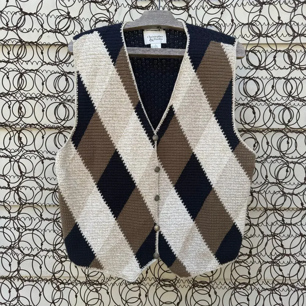 Vintage Grandpacore Neutral Boho Argyle Knit Sweater Vest LARGE Brown Tan Black